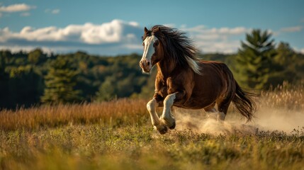 Obraz premium Powerful draft horse in full gallop through green pasture under a clear sky