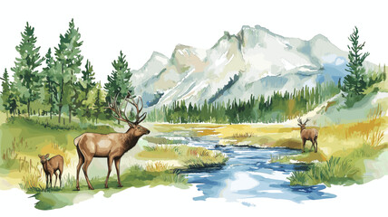 Yellowstone National Park. Yellowstone National Park hand drawn watercolor illustration