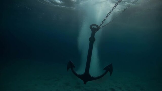Large Iron Anchor Splashing into Deep Blue Ocean Water 