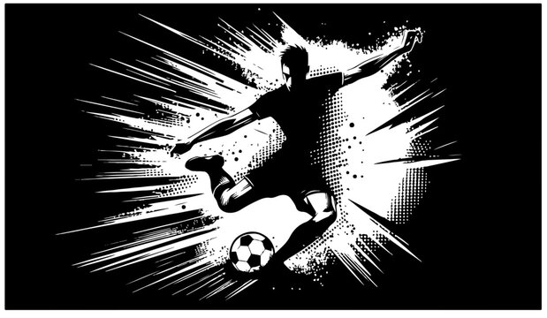 black-and-white silhouette of a soccer player mid-kick, surrounded by explosive radial lines. This dynamic sports image captures energy, motion, and athleticism suitable for marketing