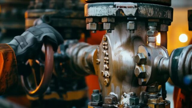 A worker wearing protective gloves operates the lever of industrial equipment, emphasising the importance of safety in hazardous industries. Suitable as a background for safety training materials or n