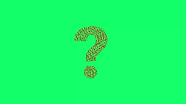 Hand drawn red scribble question mark animation on green background representing curiosity confusion uncertainty and FAQ concepts for educational videos and business presentations