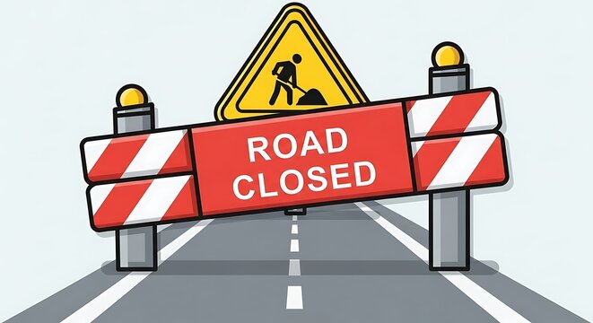 Closed Road with Barricade and Warning Sign.