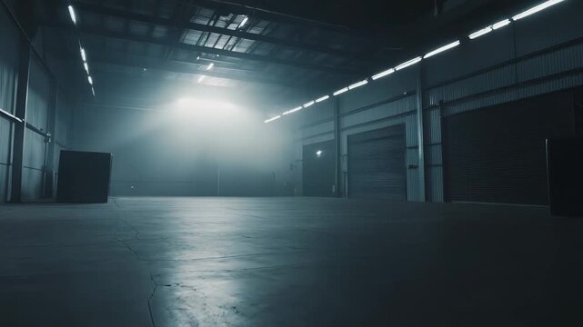 Empty industrial warehouse building featuring a vast concrete floor and corrugated metal walls, with bright, hazy light illuminating the smoky atmosphere from the background