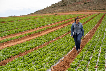 Woman farmer walking across agricultural crop field