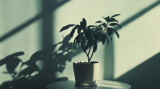 Serene indoor plant in a clean pot casting dramatic shadows on an empty textured wall, highlighting minimalism, natural light, and tranquil home decor