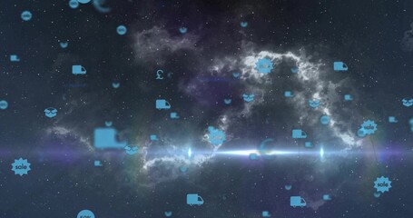 Obraz premium Glowing nebula and blue ecommerce icons drifting in space, with truck and pound symbols