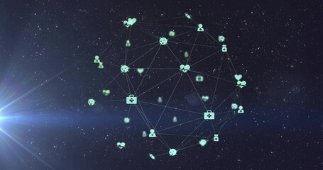 Rotating hologram sphere network displaying user, heart, camera, medical cross icons in starfield