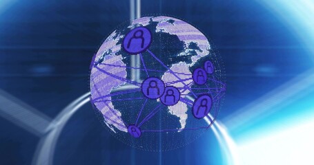 Naklejka premium Displaying stylized floating globe rotating in digital studio, showing purple nodes and links