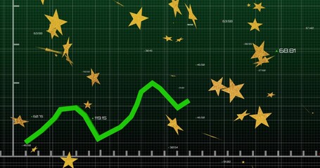 Obraz premium Displaying thick neon trend line rising dipping on dark green grid with gold stars and labels
