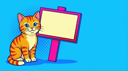 Bright pop art style ginger cat with blue eyes sitting beside a blank yellow and pink sign on a vibrant blue background