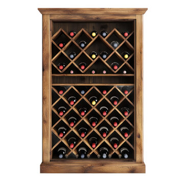 A wooden wine rack with wine bottles and a glass of wine on a white background.