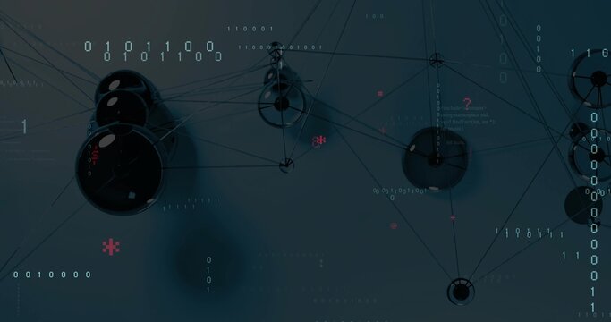 Showing three glossy black nodes linked by thin lines in left data visualization with binary digits