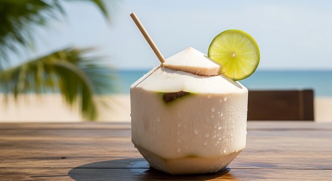 Coconut Cocktail on Beachside Wooden Table.
