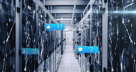 Naklejka premium Leading aisle drawing eye to access door at data center, with reflective racks, LEDs, UI bubbles