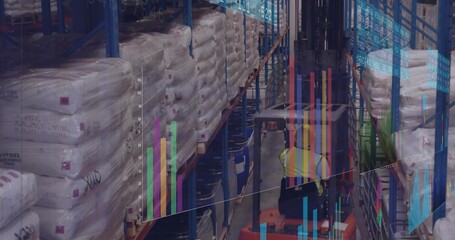 Driving orange forklift, worker in hi vis vest moving in warehouse aisle with pallet racks overlays