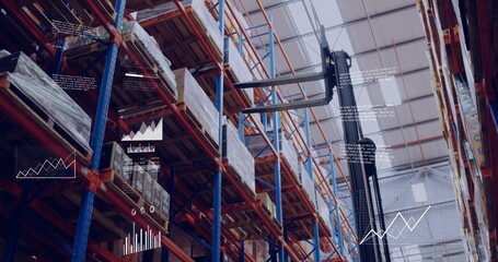 Reaching forklift mast and pallet racking working in warehouse aisle, with pallets, data overlays