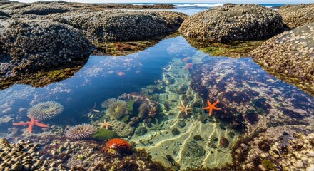 Tide pool filled with colorful marine life reflected in calm water with barnacle-covered rocks