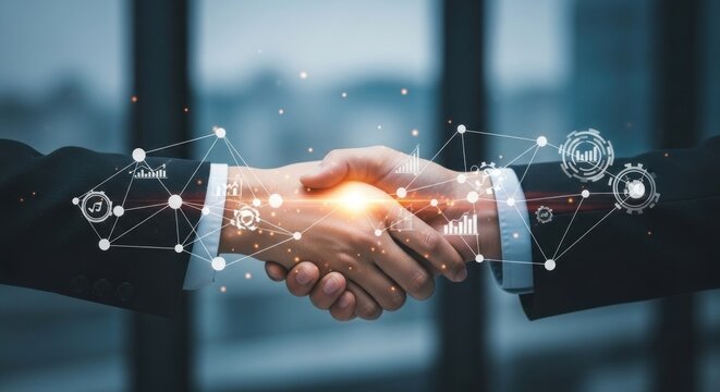 Two business people shake hands, connected by a network of technology symbols and light