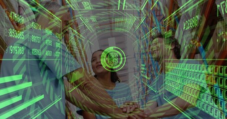 Gathering Hispanic woman and two men stacking hands amid bookshelves in library stacks, with HUD
