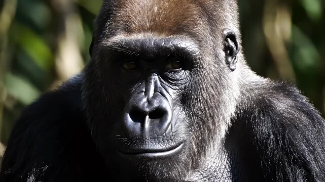Close-Up Portrait of a Gorilla - This video captures a detailed close-up of a gorilla's face, showcasing its expressive eyes and textured fur.