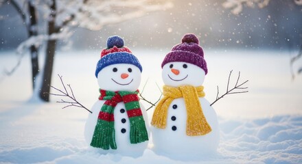 Fototapeta premium Two snowmen, each adorned with colorful hats and scarves, stand amidst a snowy landscape