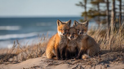 Three young red fox kits sharing a cuddle on a sunlit beach by a forested coast
