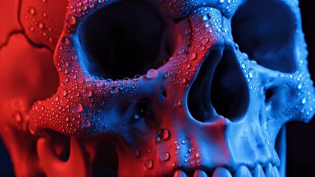 Skull with Water Droplets, Red and Blue Lighting - A close-up of a human skull covered in water droplets, illuminated with red and blue lighting.