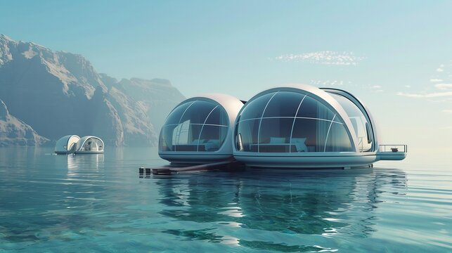 Futuristic floating hotel pods offering serene escapes on tranquil ocean waters