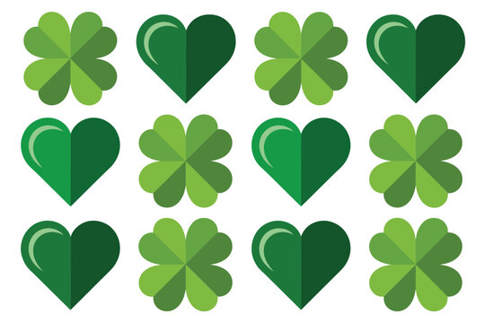 Green heart and shamrock icons pattern set, seamless vector background for Saint Patricks Day crafts, card design, textile print, decoration.