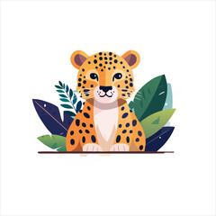 Cheetah sitting among tropical leaves, facing forward, in a digital illustration, surrounded by foliage, from a frontal viewpoint