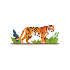 Tiger walking through lush greenery vector illustration on transparent background d1.eps
