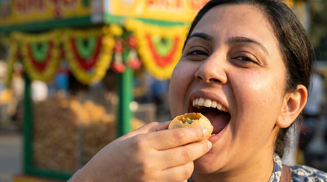 Front view of woman eating pani puri outdoors
