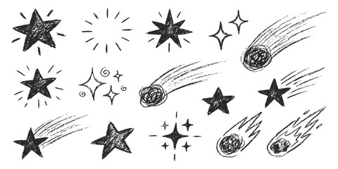 Hand-drawn chalky starbursts and shooting meteorites collection, simple doodle elements for cosmic or festive design © vector Designer