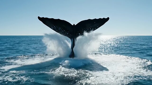 Humpback Whale Tail Diving - This eye-level shot captures the tail of a diving humpback whale. The tail is prominently displayed against a clear blue sky and ocean, creating a dramatic and serene