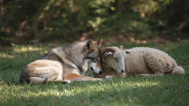 Wolf and Sheep Resting Side by Side in Peaceful Coexistence Concept