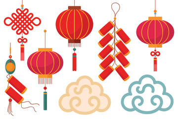 Traditional chinese lantern, firecracker string, scroll, cloud icon vector set for lunar new year celebration poster, flyer, greeting design