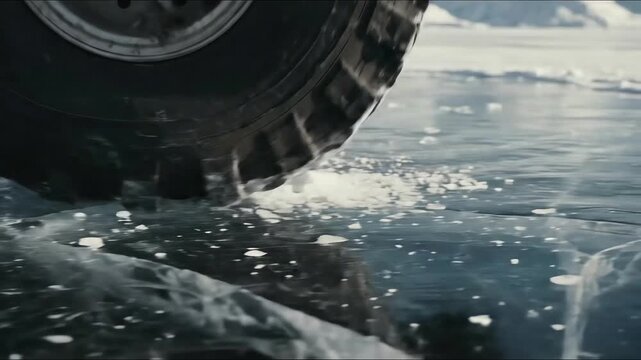 spinning car wheel on frozen ice with spray and texture, winter driving conditions for automotive blogs websites and transport editorial design