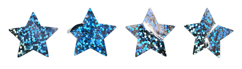 Blue and Silver Glitter Star Stickers with Light Reflection and Surface Imperfections