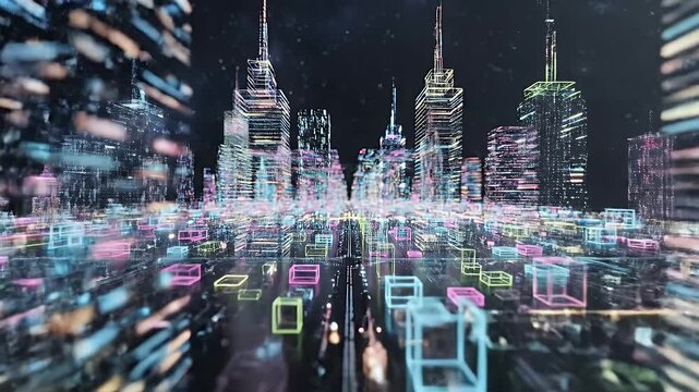 Futuristic Cityscape Digital Illustration - A brightly colored, computer-generated video features a cityscape with towering buildings and smaller cube-like structures along the streets.