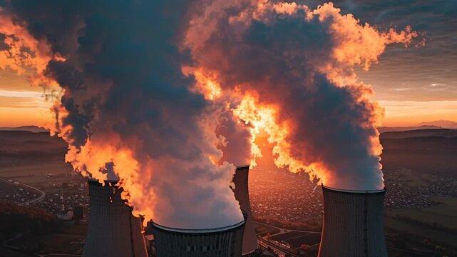 Nuclear power plant cooling towers emitting thick steam at sunset, aerial view of industrial energy production facility and infrastructure for electricity and utility