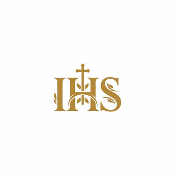IHS Monogram with Cross and Laurel Leaves.