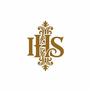 IHS monogram with ornate gold filigree design on a white background.