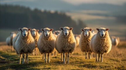 Fototapeta premium Row of woolly sheep in a bright field under warm sunshine, a calm rural scene