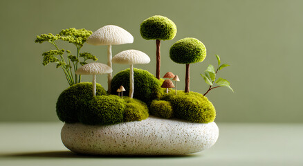 Naklejka premium Komposisi still life batu putih bergaya zen yang disusun seimbang dengan lumut hijau, tanaman kecil, dan jamur di atas permukaan netral dengan latar belakang hijau lembut. Konsep ketenangan, keseimban