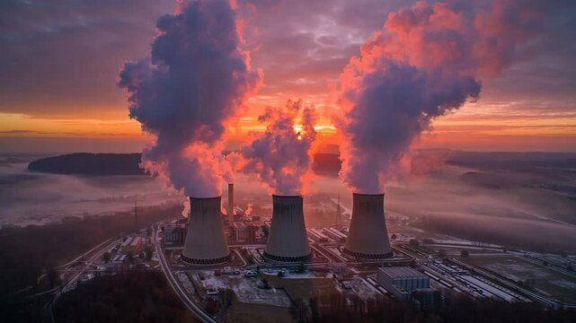 Aerial view of thick steam rising from three cooling towers of a nuclear power plant at sunset, industrial energy production and electricity generation in a rural misty landscape