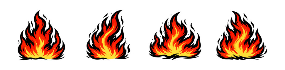 Collection of four vibrant hand-drawn fire flame illustrations with bold outlines and bright colors, ideal for graphic design and creative projects.