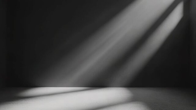Empty minimalistic room with concrete floor and dark walls is illuminated by abstract window light and shadow patterns. Creating a captivating background for product display or architectural rendering