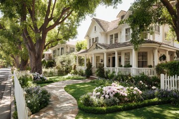 Obraz premium Inviting Craftsman architecture: two white houses, big trees, and colorful gardens in a serene neighborhood