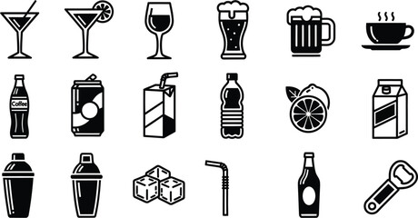 Collection of various beverage and bar icons in black and white